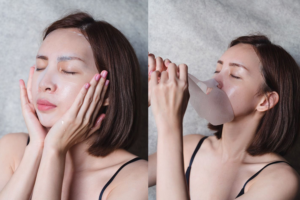 A woman applying and removing moisturing face mask